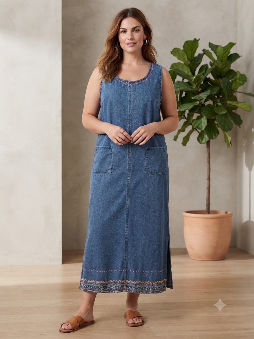 Vintage Denim Maxi Tank Dress with Embroidered Hem
